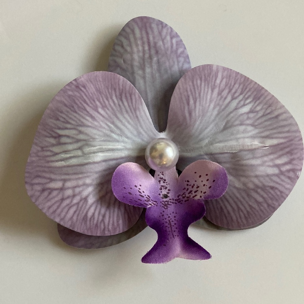 Purple Orchid Floral Hair Clip Accessory with Faux Pearl Accent